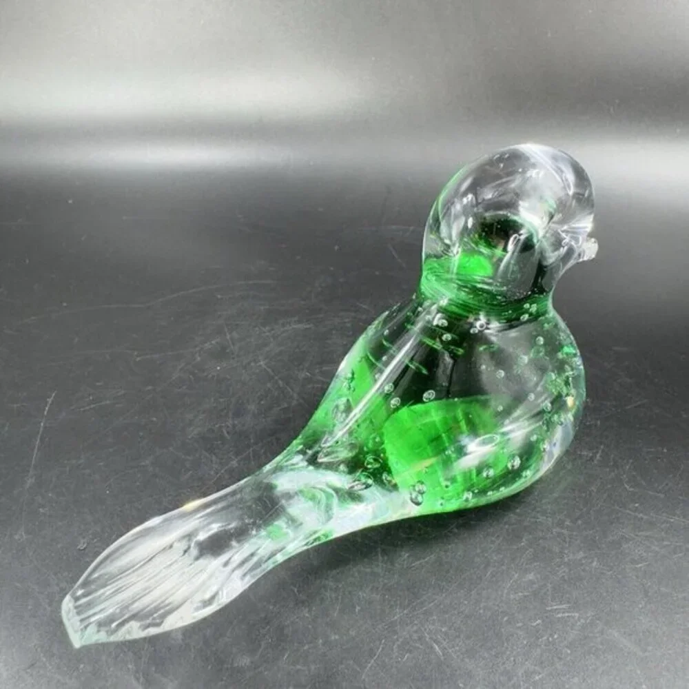 Vintage Italian Art Glass Green Bird Figurine With Small Bubbles Polished Bottom